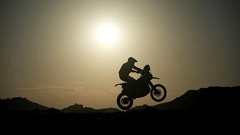 A rider jumps during the sixth stage of the Dakar Rally between Hail and Al Duwadimi