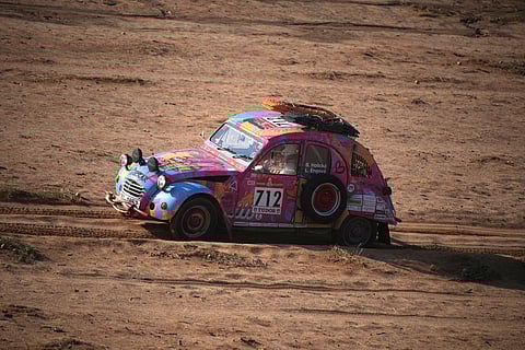 Driver Barbora Holicka and co-driver Lucie Engova drive their Citroen 2CV during the eighth stage of the Dakar Rally Classic between Al Duwadimi and Riyadh, Saudi Arabia, Monday, Jan. 13, 2025