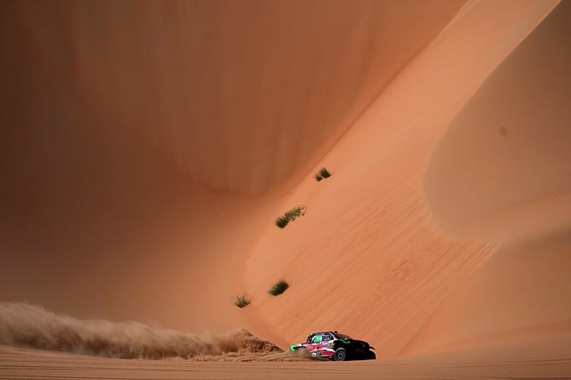 Driver Yazeed Al Rajhi and co-driver Timo Gottschalk compete during the tenth stage of the Dakar Rally between Haradh and Shubaytah, Saudi Arabia, Wednesday, Jan. 15, 2025.