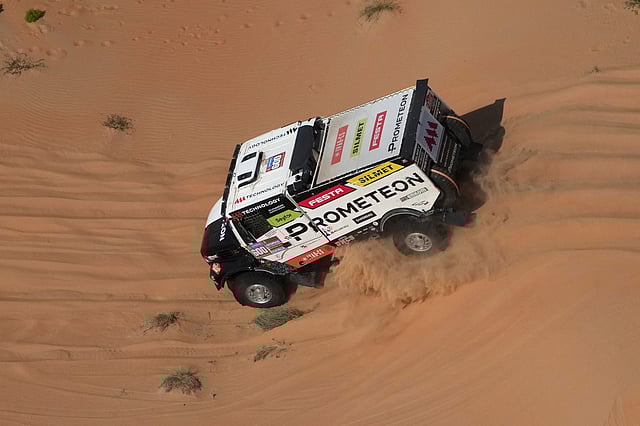 Truck driver Martin Macik, co-drivers David Svanda and Frantisek Tomasek compete during the tenth stage of the Dakar Rally between Haradh and Shubaytah, Saudi Arabia, Wednesday, Jan. 15, 2025.