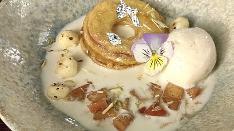 Caramelised apple jalebi with Kesar pista kulfi