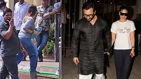 Kareena Kapoor at Lilavati hospital (L); Saif Ali Khan and Kareena (R)
