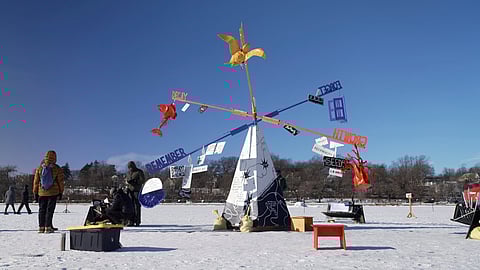 Interactive art installations welcome visitors on the opening day of the annual Art Shanty Projects, on Lake Harriet in Minneapolis