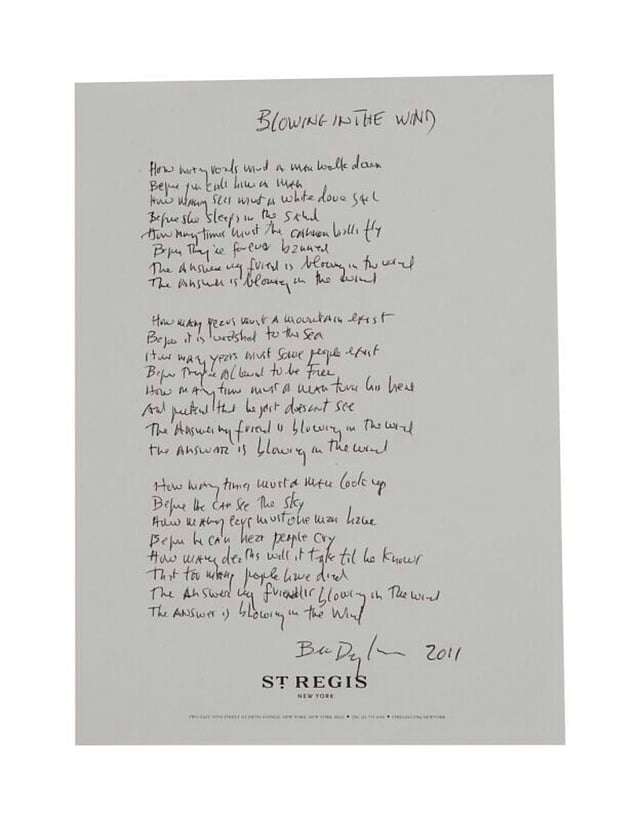 An image released by Julien's Auctions shows musician Bob Dylan's lyrics for famed song 'Blowing in the Wind' are show in this undated image