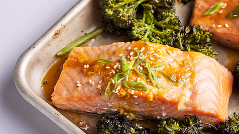 Honey-miso salmon and broccolini traybake