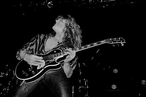 English Rock musician John Sykes, of the group Whitesnake, performs onstage at the UIC Pavilion, Chicago, Illinois, November 10, 1984.