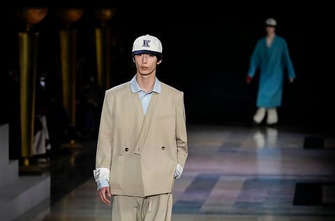 A model wears a creation for the men's Kenzo Fall-Winter 2025-2026 collection, that was presented in Paris