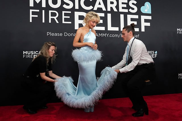 princess polly baby blue dress Sabrina Carpenter Sizzles in Backless Gown on the Red Carpet at the 2025  Grammys main image 0