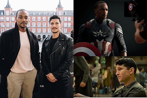 (L-R) (Clockwise): Anthony Mackie & Danny Ramirez; Anthony Mackie as Captain America in a BTS glimpse; Danny Ramirez Joaquin Torres in a screengrab from the 'Falcon and the Winter Soldier'