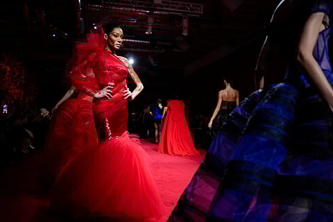 Winnie Harlow walks the runway during the Christian Siriano Fall/Winter 2025 fashion show at Chelsea Industrial during New York Fashion Week on Thursday, Feb. 6, 2025, in New York