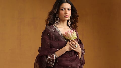 Dark Plum Hand Embroidered Cotton Tissue Angrakha Kurta with Striped Chanderi Pants and Organza Dupatta