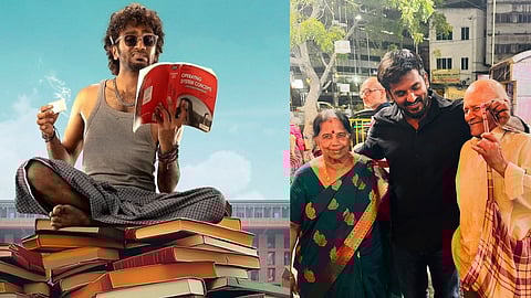 Pradeep Ranganathan in Dragon poster (R); Aswath Marimuthu with his parents (L)