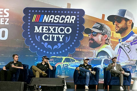 NASCAR drivers, from left, Christopher Bell, Ryan Blaney, Chase Elliott and Daniel Suarez promote the June auto race, Wednesday Feb. 26, 2025, in Mexico City