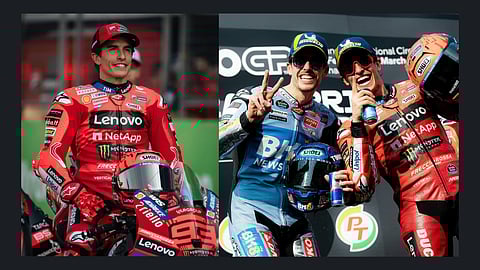 Marc Marquez (L); Alex Marquez and Mark Marquez (R) on the podium at the Thai MotoGP on March 2, 2025  