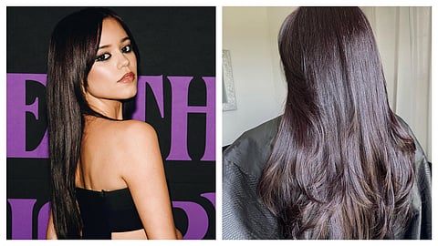 Jenna Ortega (L) sported the cherry black shade recently; a sample shade (R)
