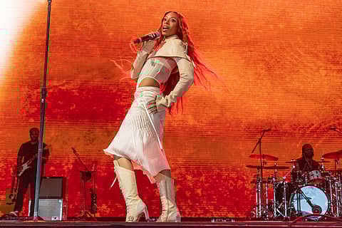 Ravyn Lenae performs during the first weekend of the Coachella Valley Music and Arts Festival at the Empire Polo Club on Friday, April 11, 2025, in Indio