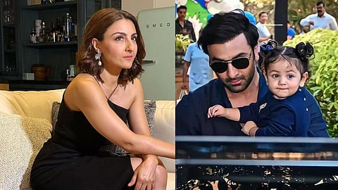 Soha Ali Khan (L); Ranbir Kapoor with Raha (R)