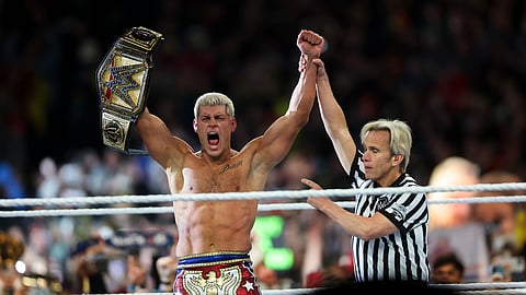 Cody Rhodes celebrates after winning the Undisputed WWE universal championship match during WrestleMania 40 at Lincoln Financial Field in Philadelphia, on Sunday, April 7, 2024