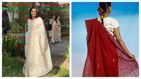 (L) Radhikaraje Gaekwad wearing an age-old Dhakai jamdani; (R) a red jamdani saree by Darshan Shah's Weaver's Studio