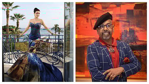 Shalini Passi at Cannes (L); Paresh Maity (R) whose painting inspired the custom Manish Malhotra gown