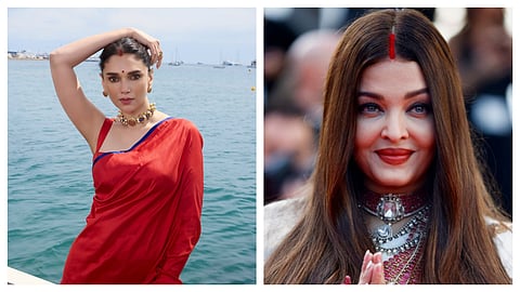 Aditi Rao Hydari (L) and Aishwarya Rai Bachchan both let the Sindoor shine at the Cannes red carpet