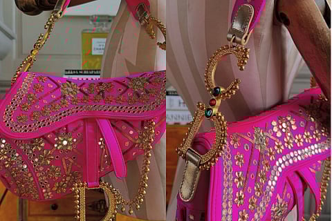 This rare Dior bag in hot pink with mirror work and nath detailing is pure art