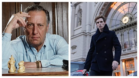 Frederick Forsyth (L); Eddie Redmayne in The Jackal (2024) based on Forsyth's The Day of the Jackal