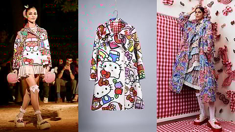 Two models featuring silhouettes from Hello Péro the latest collab between Péro X Hello Kitty flank an iconic piece from the collection