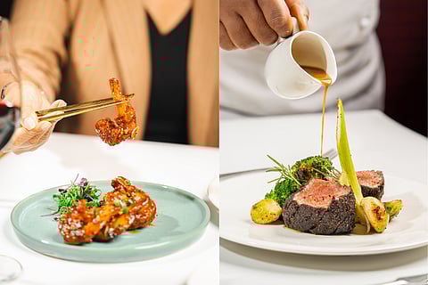 (L-R) Crispy Thai Chili Prawns and Beef steak at The Market