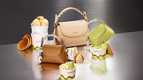Ice cream-inspired handbags from Miraggio Summer Scoop collection in pistachio, mango, vanilla, and chocolate hues.