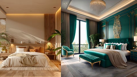 Elegant luxury bedrooms featuring minimalist design, layered textures, ambient lighting, and calming tones, creating a stylish and restful sanctuary.