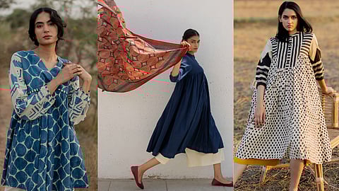 Models in Vraj:Bhoomi’s signature hand-block printed  outfits, inspired by Kutch crafts.
