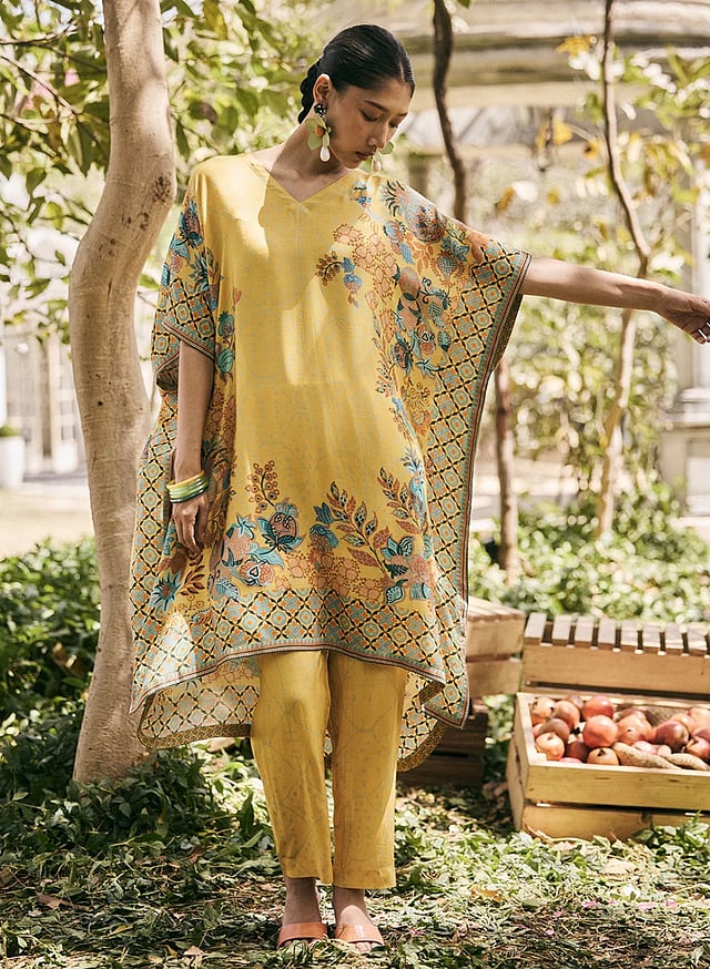 Saundh Sula Set featuring a breezy co-ord with soft fabric in muted tones, showcasing subtle hand-painted Anar motifs, designed for effortless summer style and comfort.