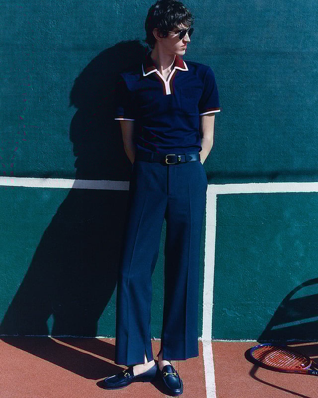 Gucci Tennis campaign image capturing golden-hour elegance and vintage sportswear style.