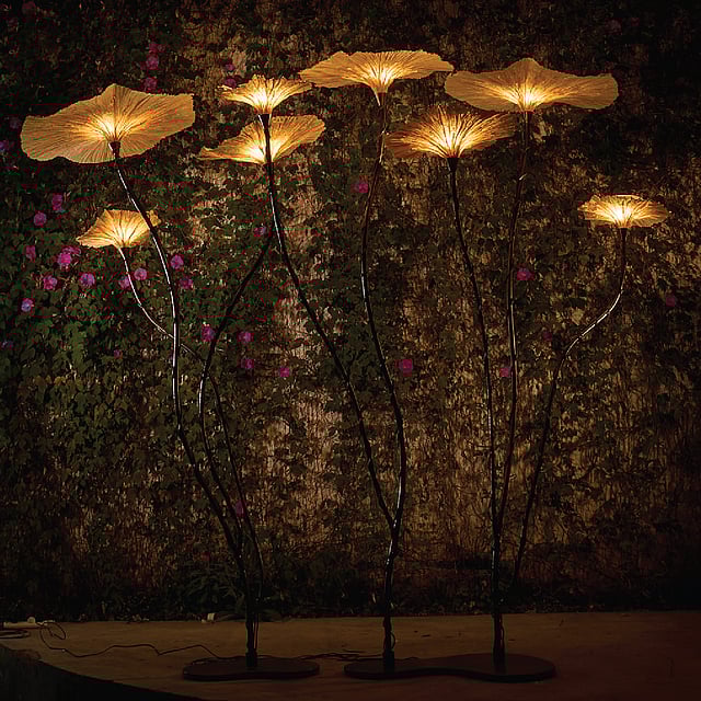 Victoria Lily floor light with lotus-leaf inspired diffusers on slender stalks, crafted from handmade paper and bamboo fiber