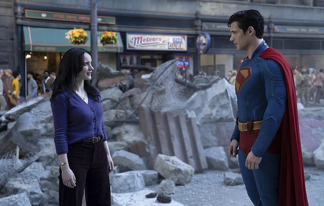 Rachel Brosnahan and David Corenswet in a scene from “Superman