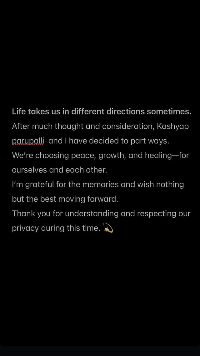 Olympic medallist Saina Nehwal confirmed that she and her husband Parupalli Kashyap have decided to part ways via Instagram 