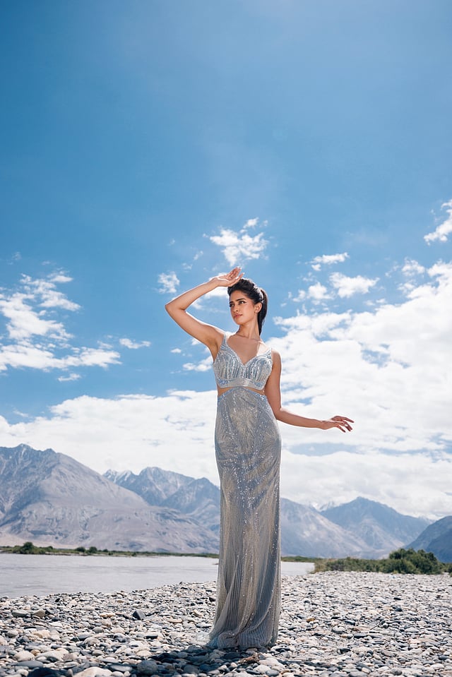 Model wearing a sculptural couture gown from Bhawna Rao’s latest collection