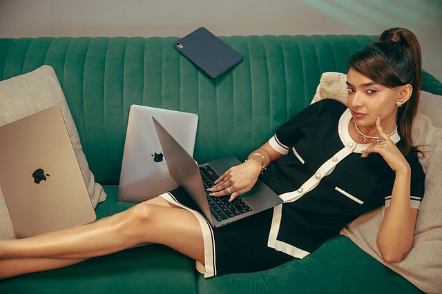 Power co-ord set in muted tones styled with minimal accessories from the WorkSenIty range