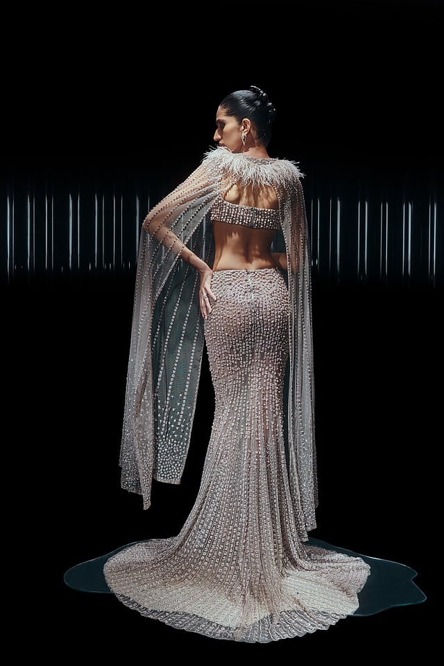 Ethereal flowing gown with subtle shimmer from Rohit Gandhi + Rahul Khanna’s The Light Within collection