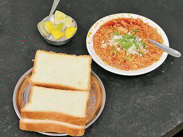 Spicy misal pav served at the legendary Bawda Misal eatery in Kolhapur, Maharashtra