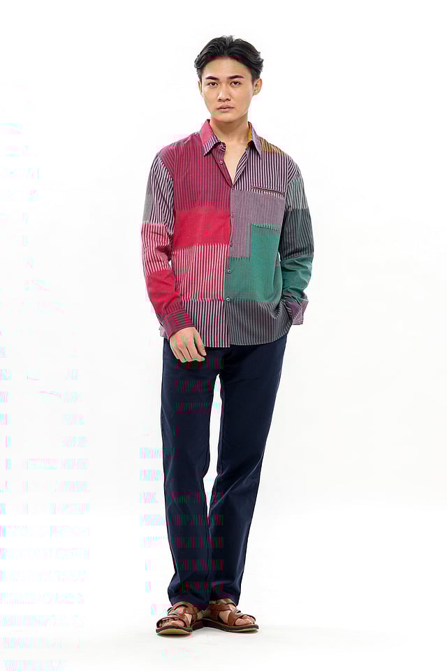 Model wearing Translate – Ikat India FUJI Men’s Full Shirt in handwoven ikat cotton, featuring full sleeves, a classic collar, and tailored fit