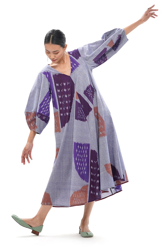 Model wearing Translate – Ikat India SHOBU Bias Dress  