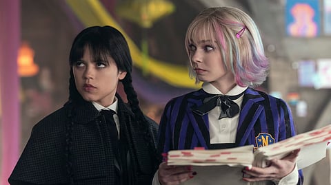 Jenna Ortega plays Wednesday Addams and Emma Myers stars as Enid Sinclair