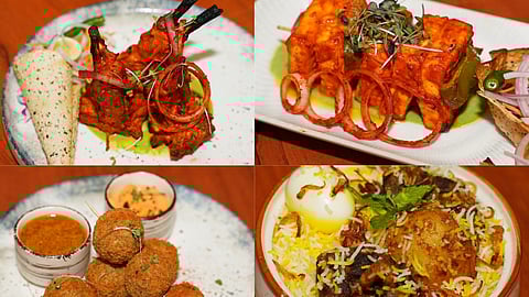 Peshawari Tangri, Hasrat-e-Husn, Kolkata Gosht Dum Biryani, Veg and Cheese Bomb (Clockwise)