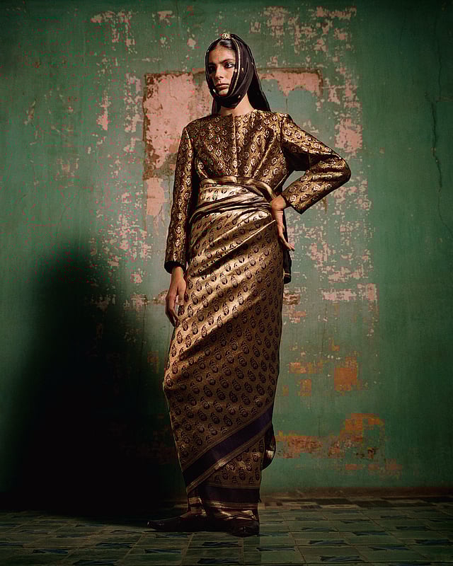 In Raw Mango’s latest collection Once Upon a River, weaving (bunai) and hand embroidery (kadhai)