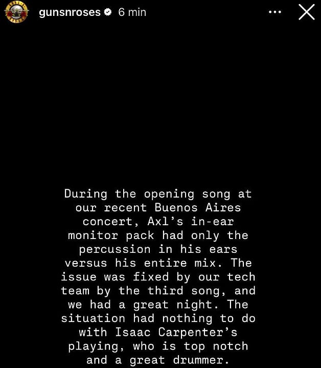 A screengrab of Guns N' Roses’ official statement