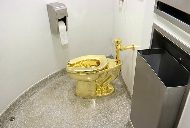 This September 16, 2016 file image made from a video shows the 18-karat toilet, titled America