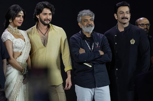 Priyanka Chopra Jonas, Mahesh Babu, filmmaker S.S. Rajamouli and Prithviraj Sukumaran pose for photograph after unveiling of first look of film “Varanasi” in Hyderabad