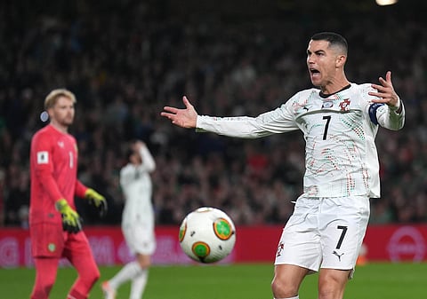 Portugal's Cristiano Ronaldo reacts during a World Cup 2026 group F qualifying soccer match between Ireland and Portugal in Dublin
